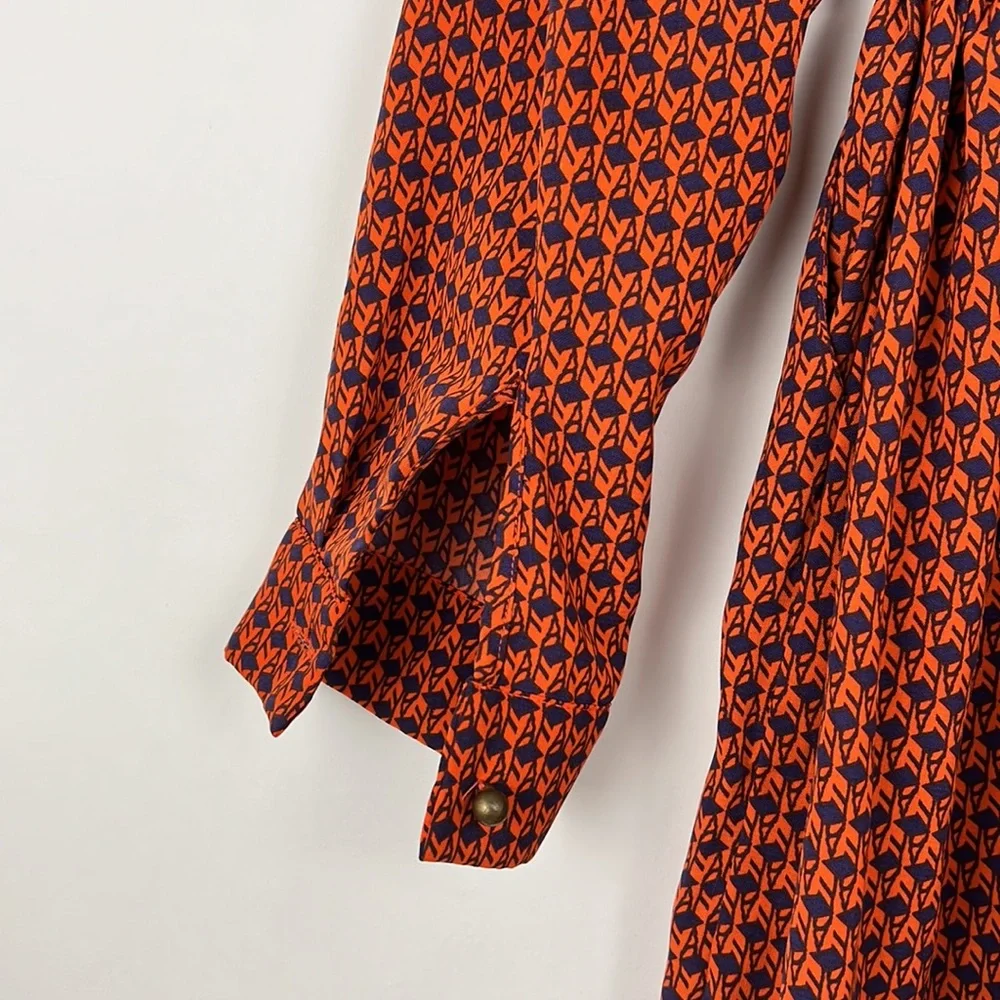 MAISON JULES button down shirt dress roll tab collared orange and navy M - Picture 3 of 13